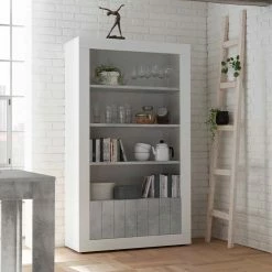 4 Fächer Standregal Mit 2 Türen - Niris -Gosy-shop 4 faecher standregal mit 2 tueren in weiss hochglanz beton dekor niris 02