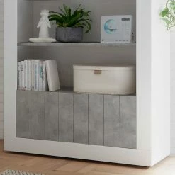 4 Fächer Standregal Mit 2 Türen - Niris -Gosy-shop 4 faecher standregal mit 2 tueren in weiss hochglanz beton dekor niris 04