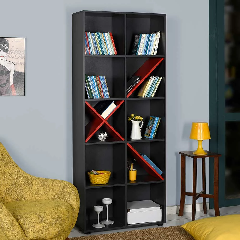 75x188x30 Cm Modernes Regal In Anthrazit & Rot - Gracelina 2 75x188x30 Cm Modernes Regal In Anthrazit & Rot - Gracelina – Bild 2