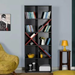 75x188x30 Cm Modernes Regal In Anthrazit & Rot - Gracelina 8 75x188x30 Cm Modernes Regal In Anthrazit & Rot - Gracelina -Gosy-shop 75x188x30 cm modernes regal in anthrazit rot 15 faecher gracelina 02