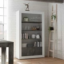 Weißes Hochglanz Regal Mit Dekor Grau - Voskala -Gosy-shop weisses hochglanz regal mit dekor grau 4 faecher 2 tueren voskala 02